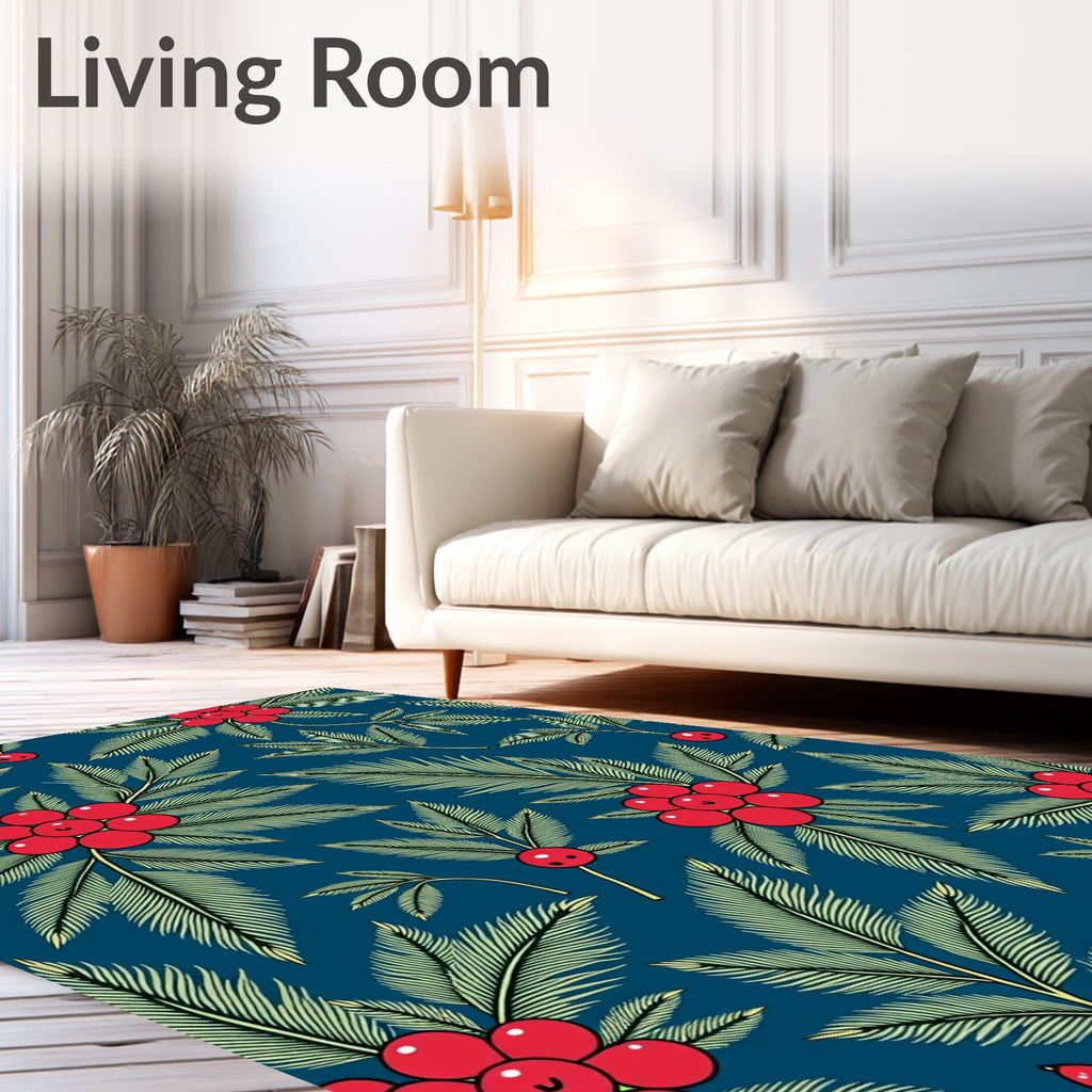 Crimson Holly Branches Navy Background Rug