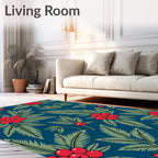 Crimson Holly Branches Navy Background Rug