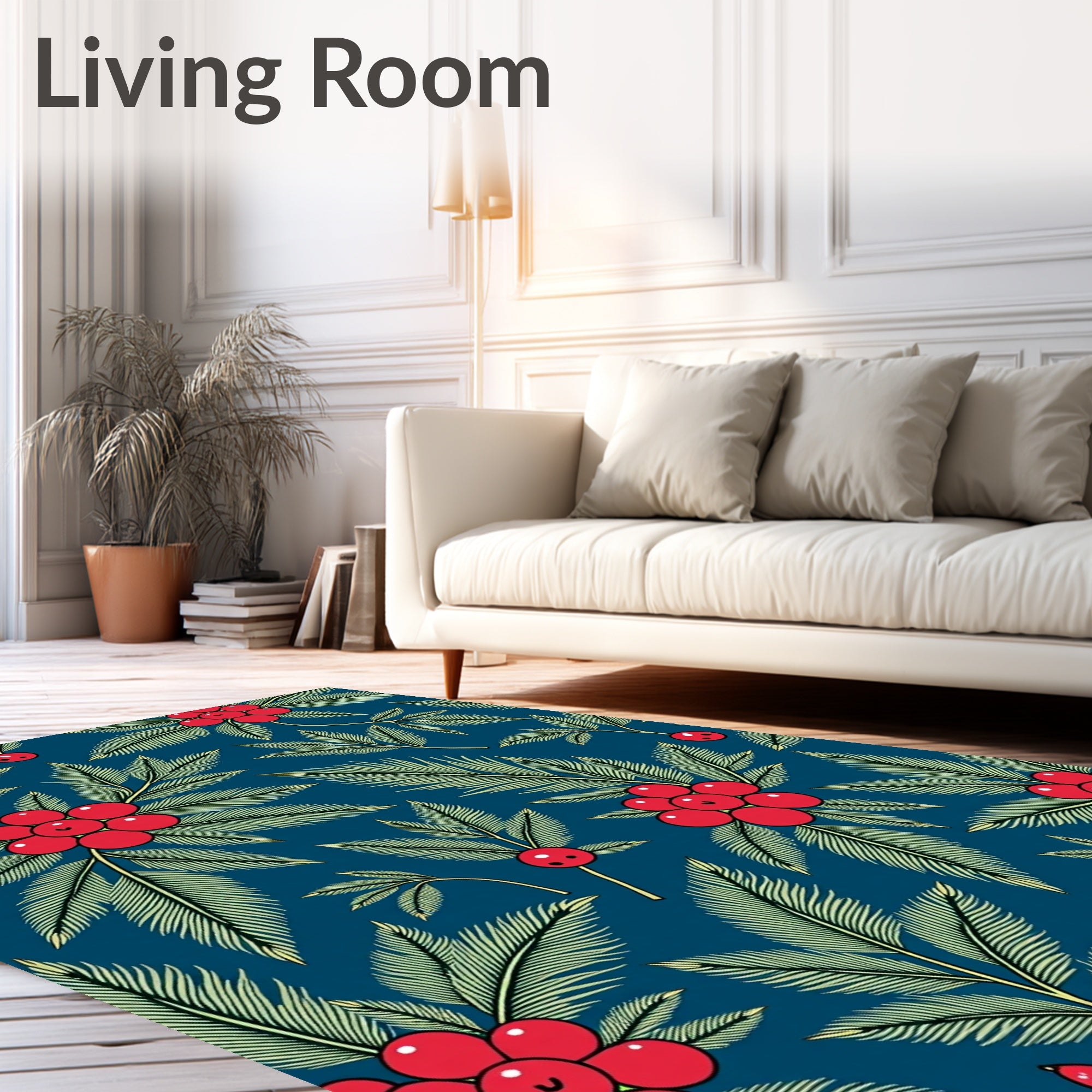 Crimson Holly Branches Navy Background Rug