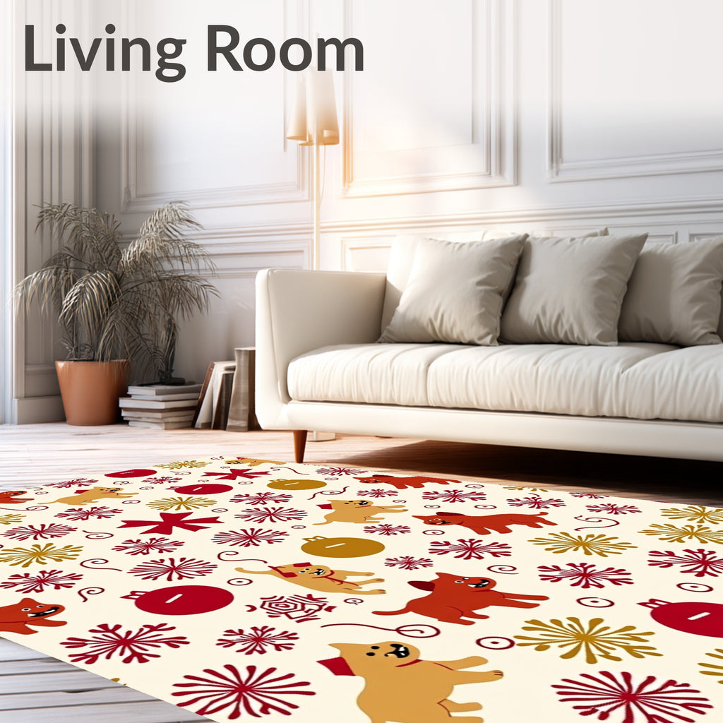 Whimsical Red Gold Dog Snowflake Ornaments Rug
