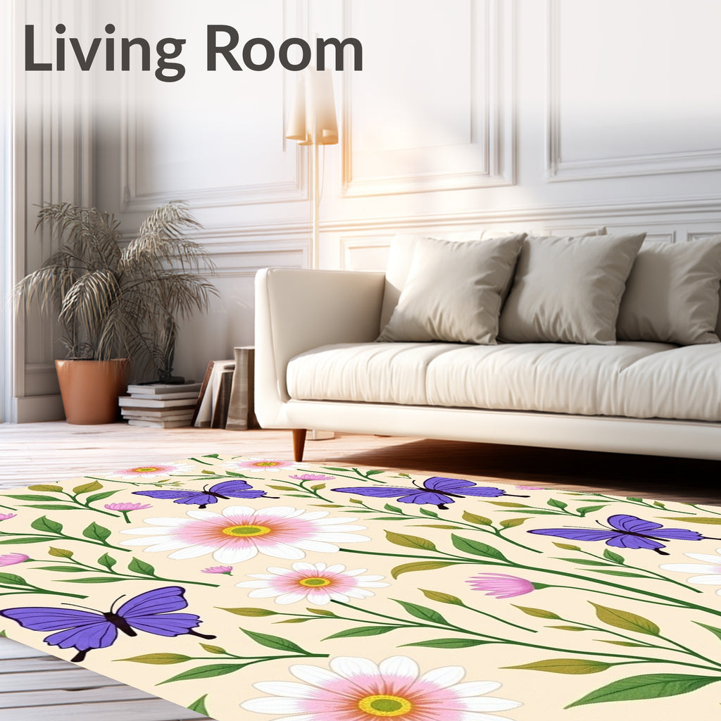 Whimsical Purple Butterfly Daisy Garden Rug