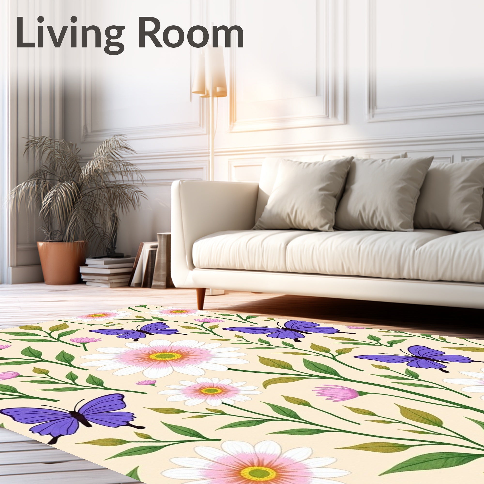 Whimsical Purple Butterfly Daisy Garden Rug