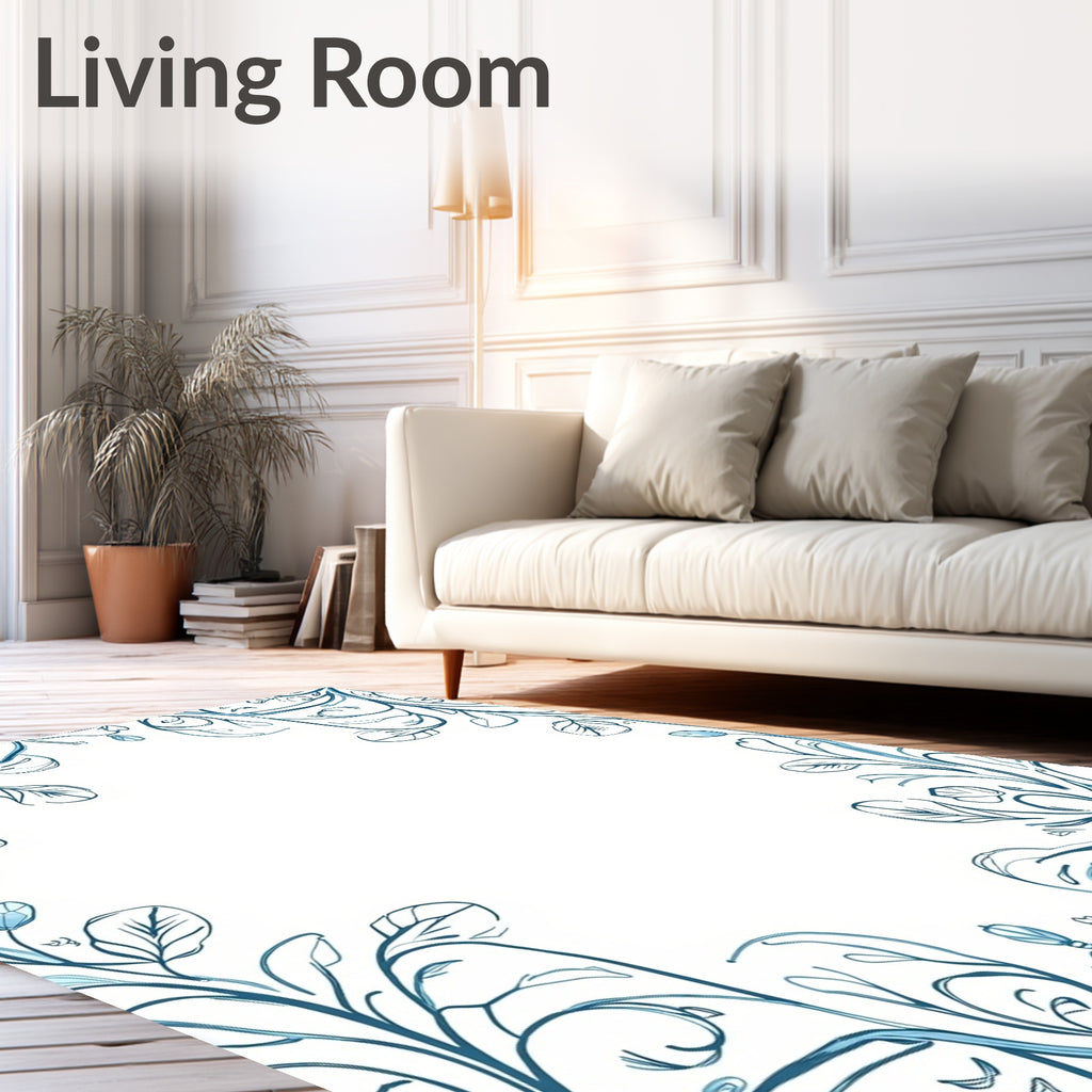 Delicate Teal Vine Floral Border Rug