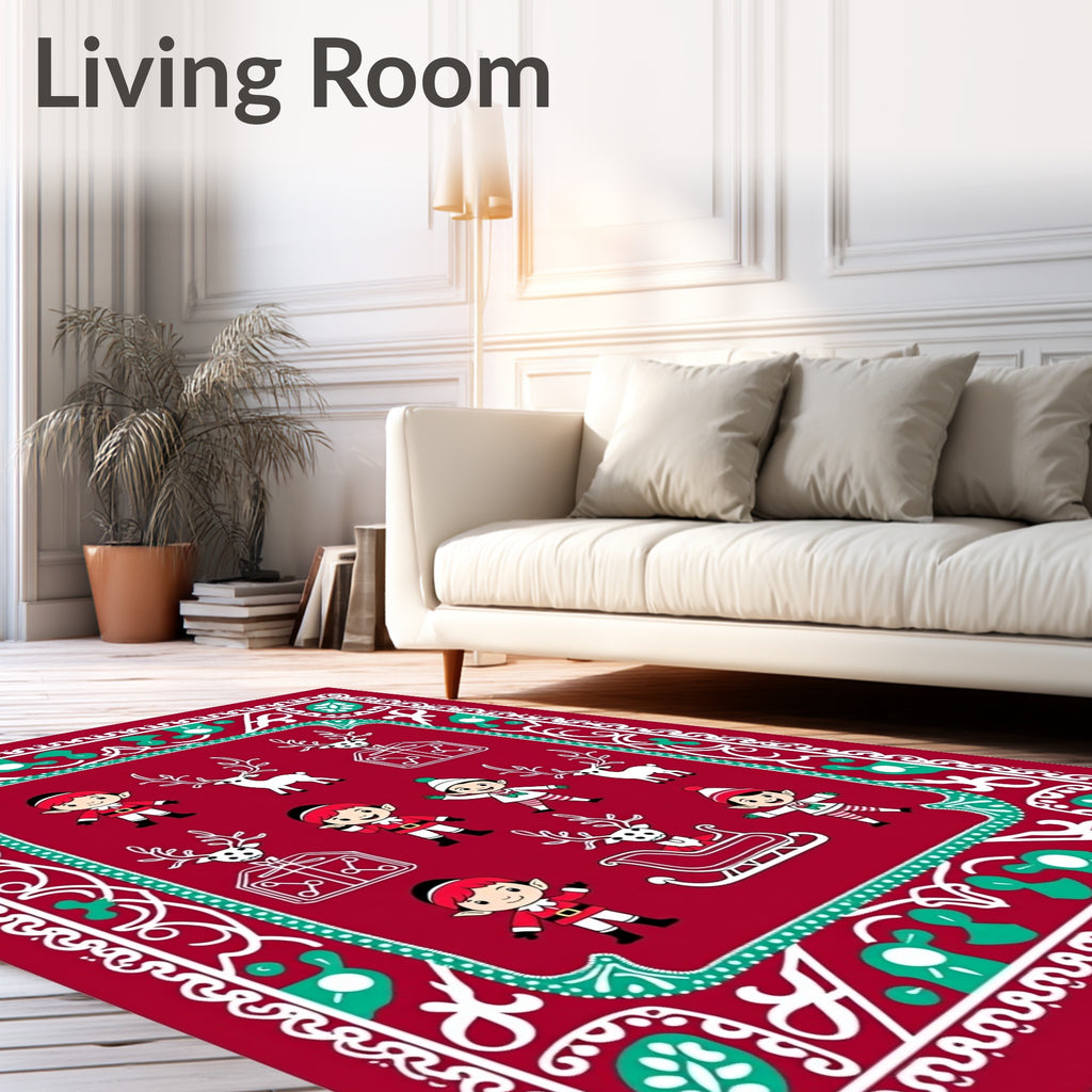 Christmas Elves Reindeer Sleigh Red Rug