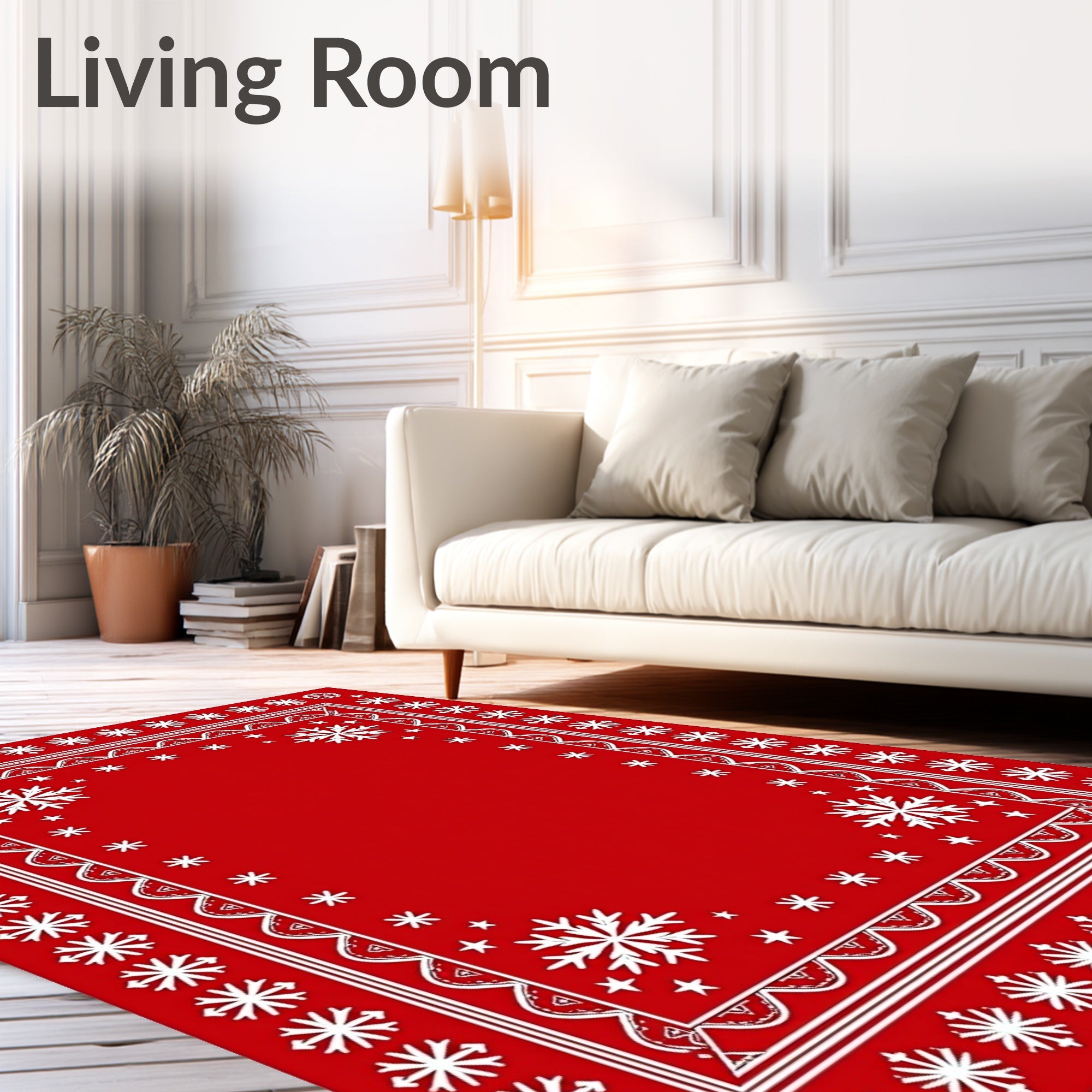 Red White Snowflake Border Rug