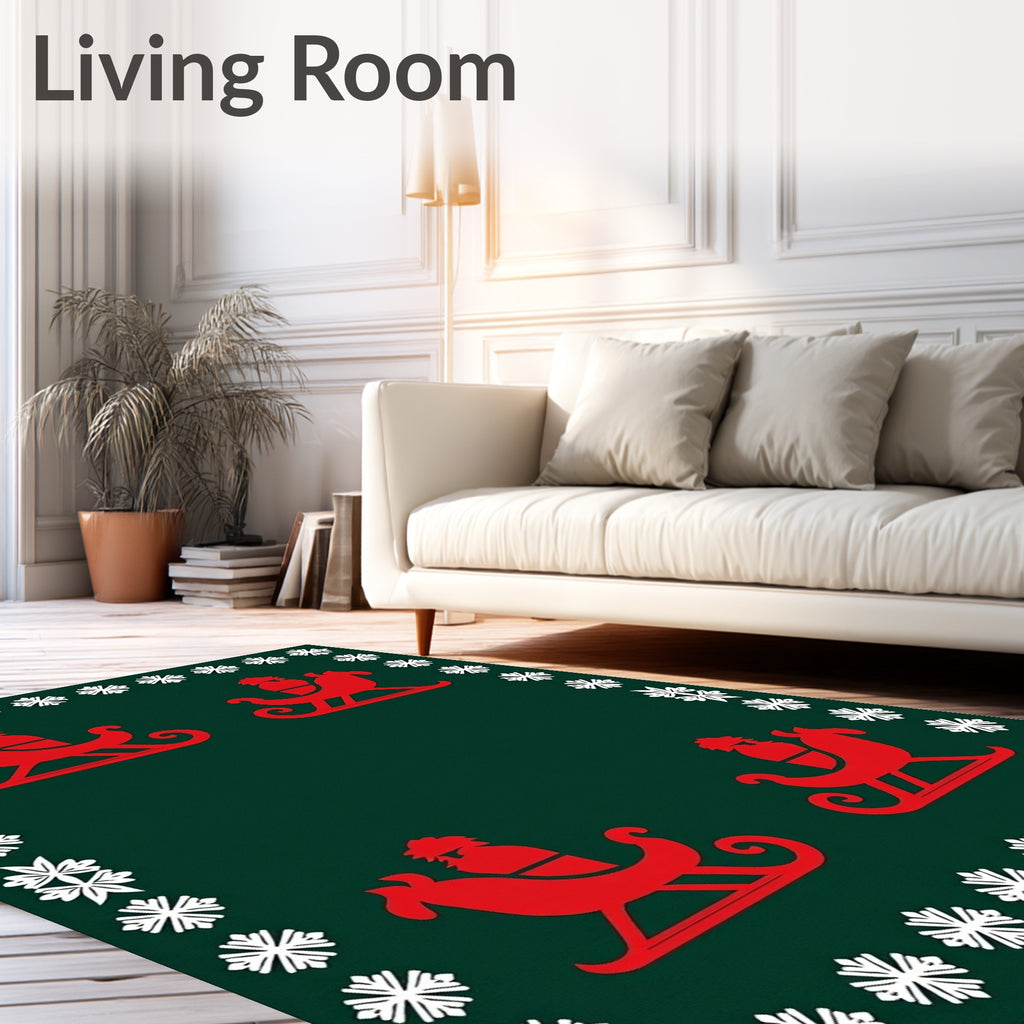 Red Sleigh Snowflakes Border Rug