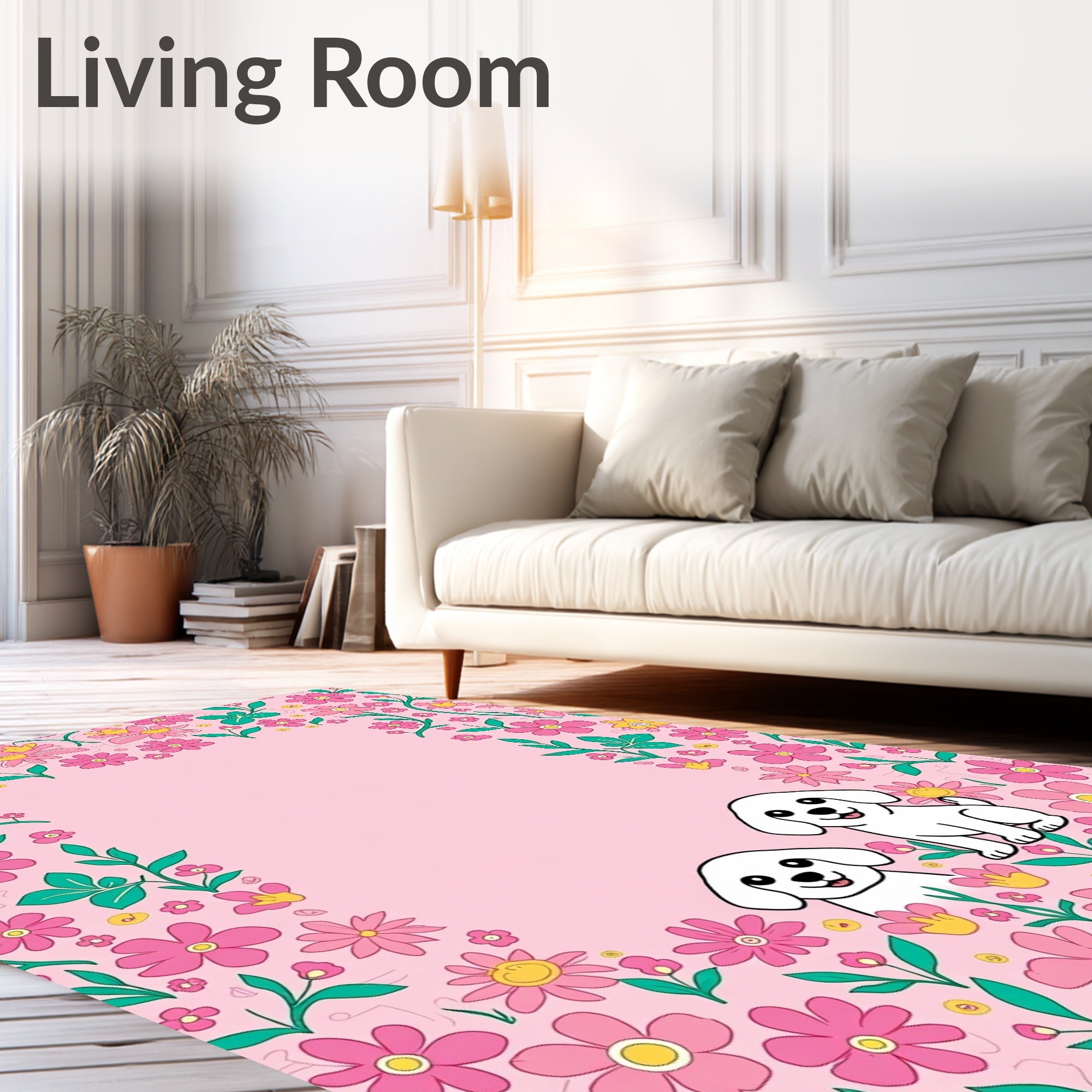 Whimsical Pink Floral Puppy Medley Rug
