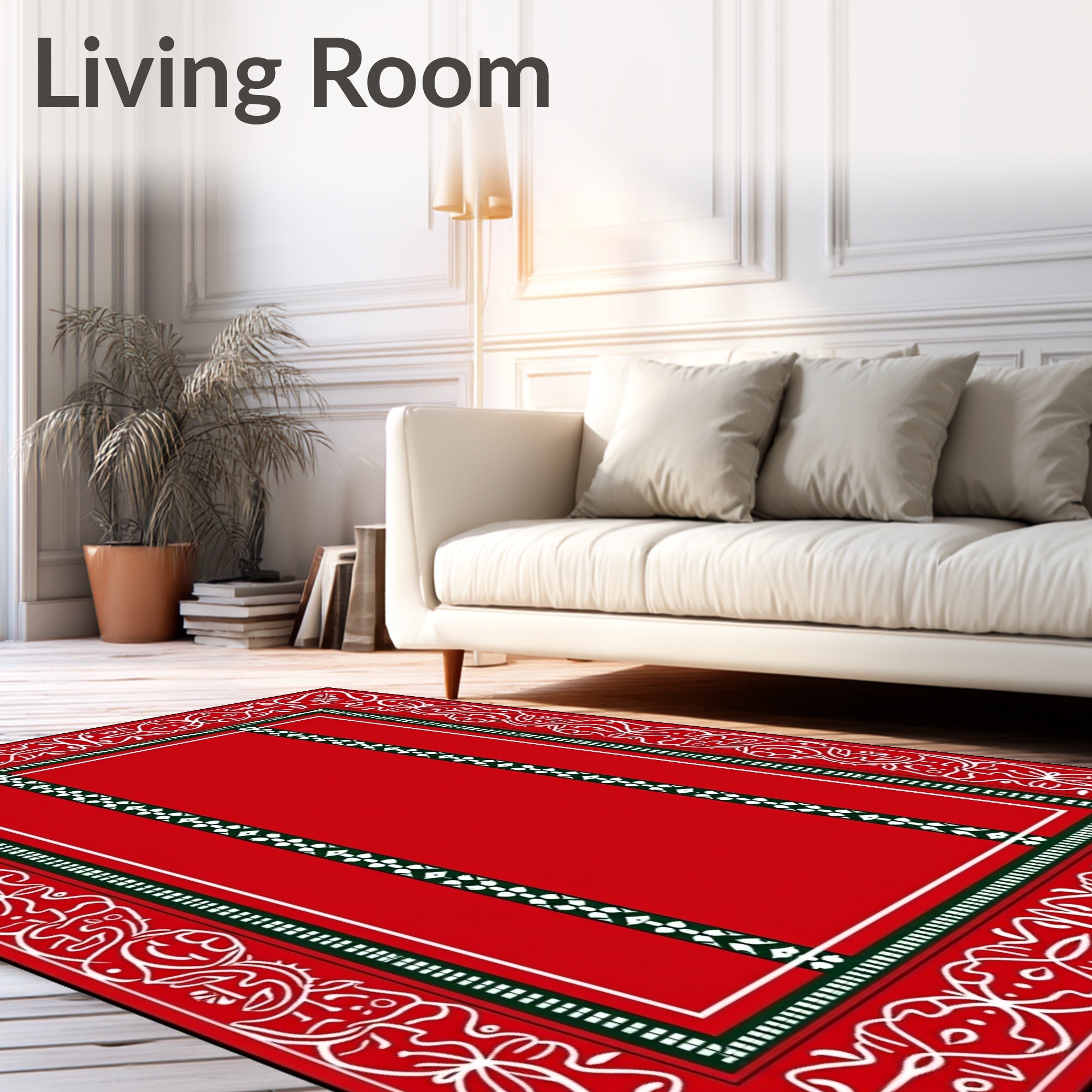 Ornate Red White Decorative Border Rug