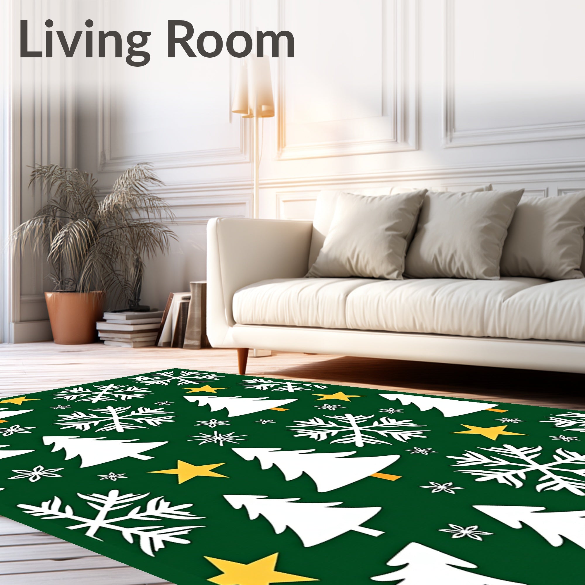 Festive Green Christmas Trees Snowflakes Stars Rug