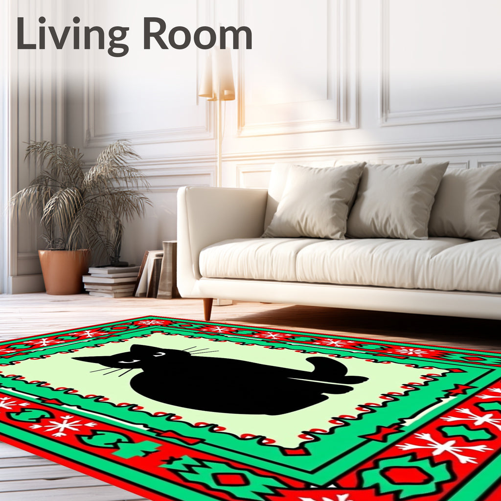 Black Cat Holiday Snowflake Border Rug