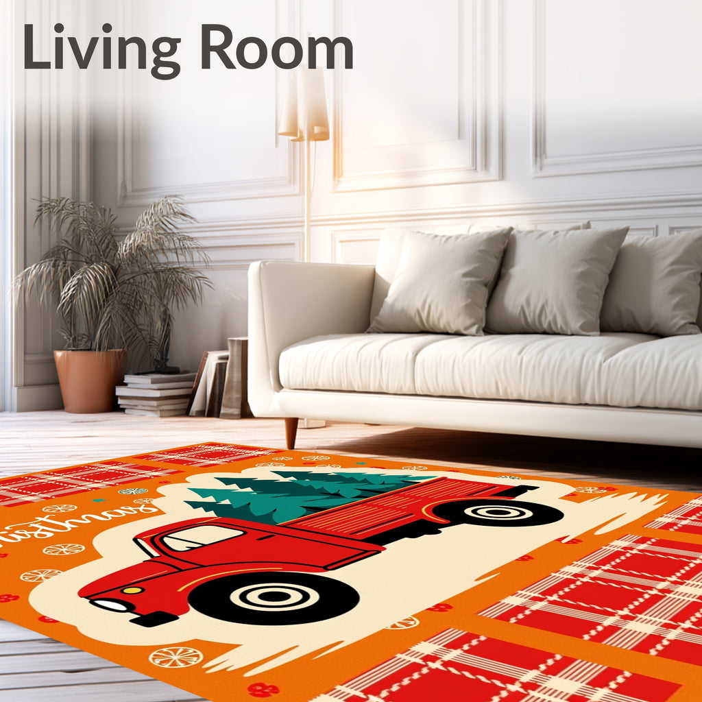 Red Truck Christmas Trees Plaid Rug