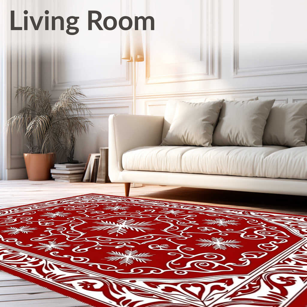 Crimson White Snowflake Scroll Medallion Rug