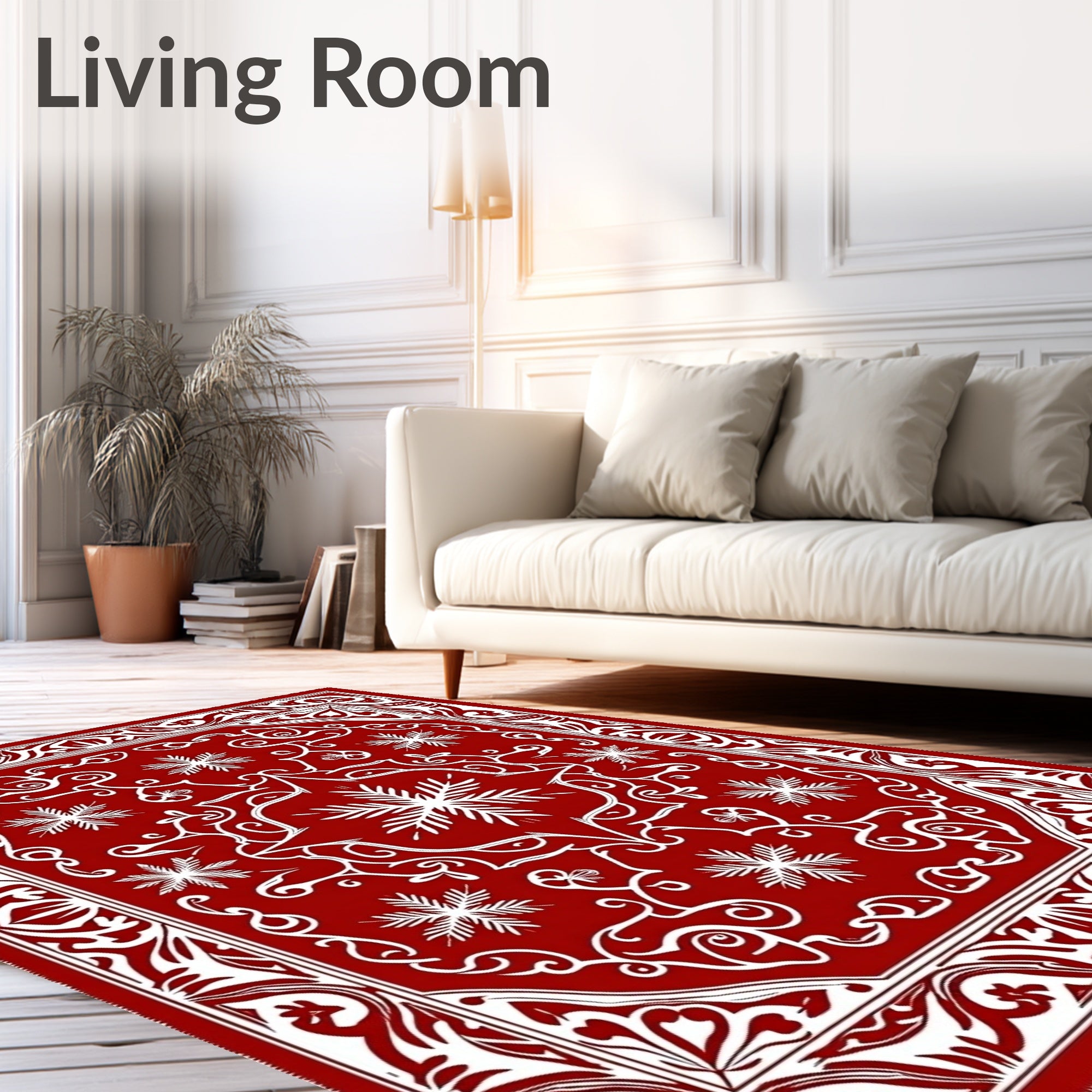 Crimson White Snowflake Scroll Medallion Rug