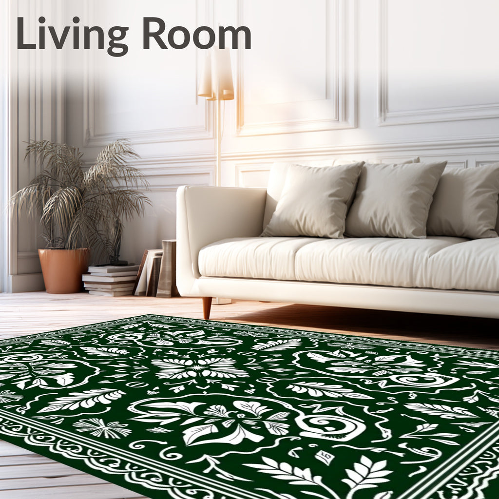 Dark Green White Floral Medallion Border Rug