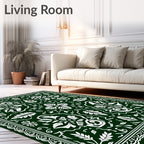 Dark Green White Floral Medallion Border Rug