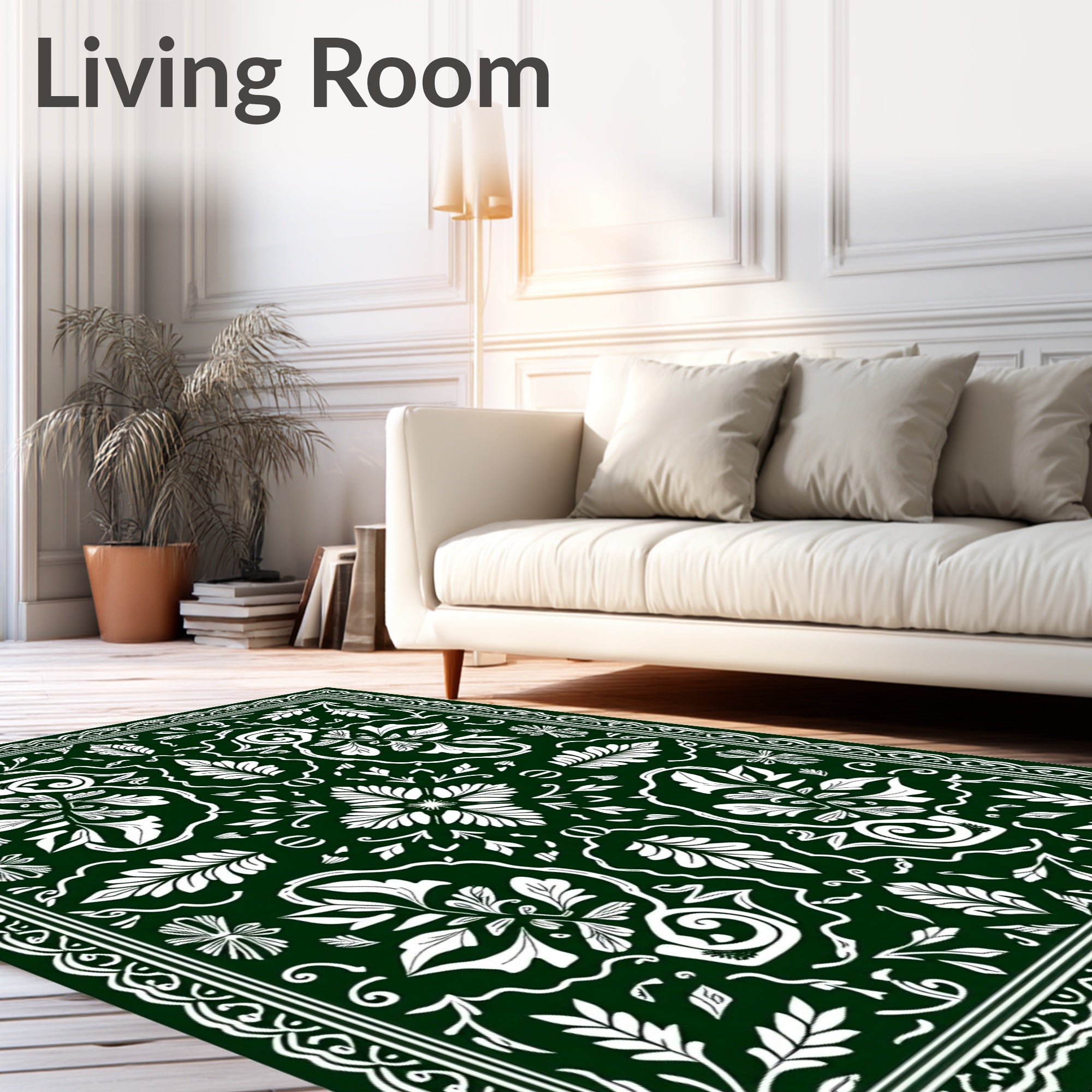 Dark Green White Floral Medallion Border Rug