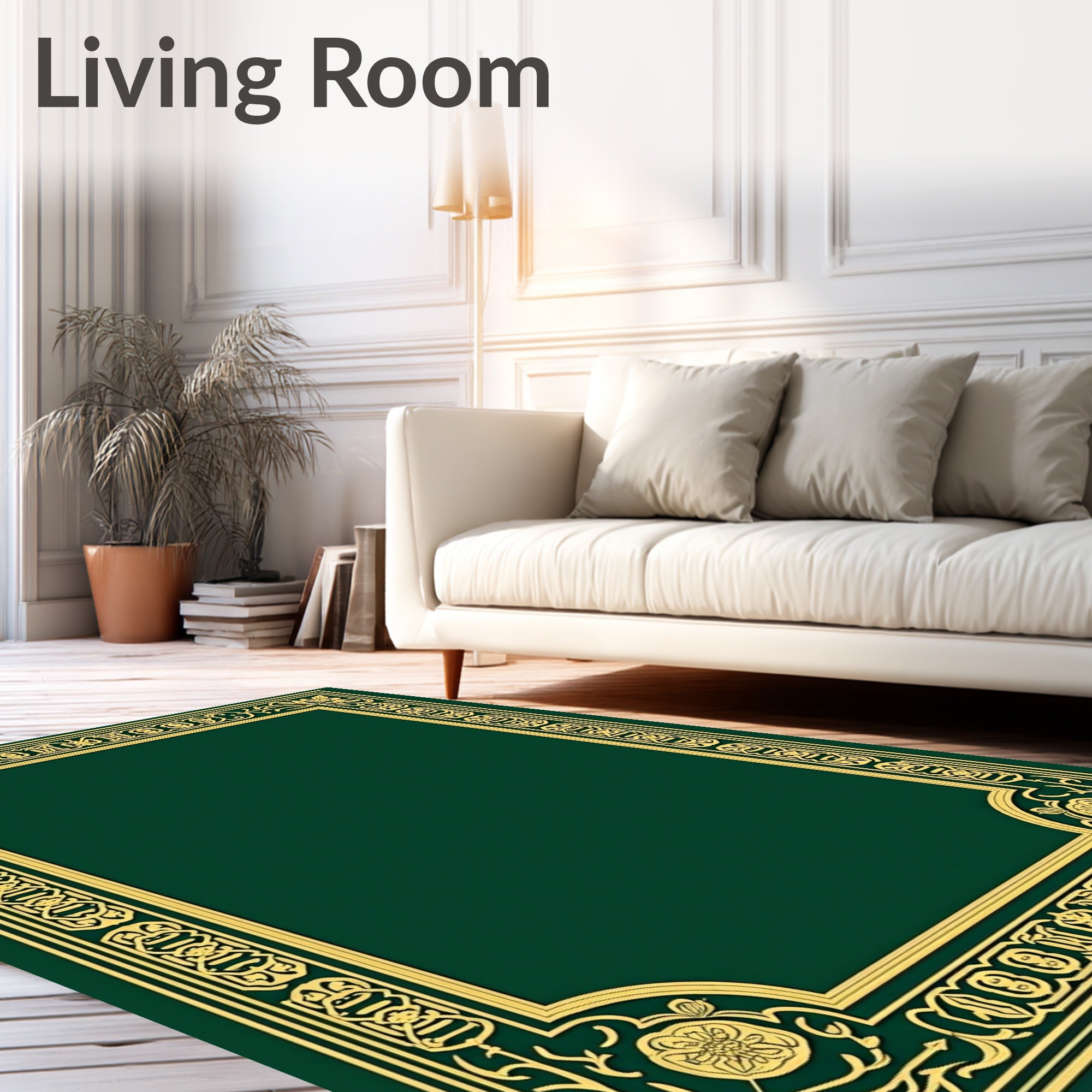 Elegant Golden Floral Border Green Rug