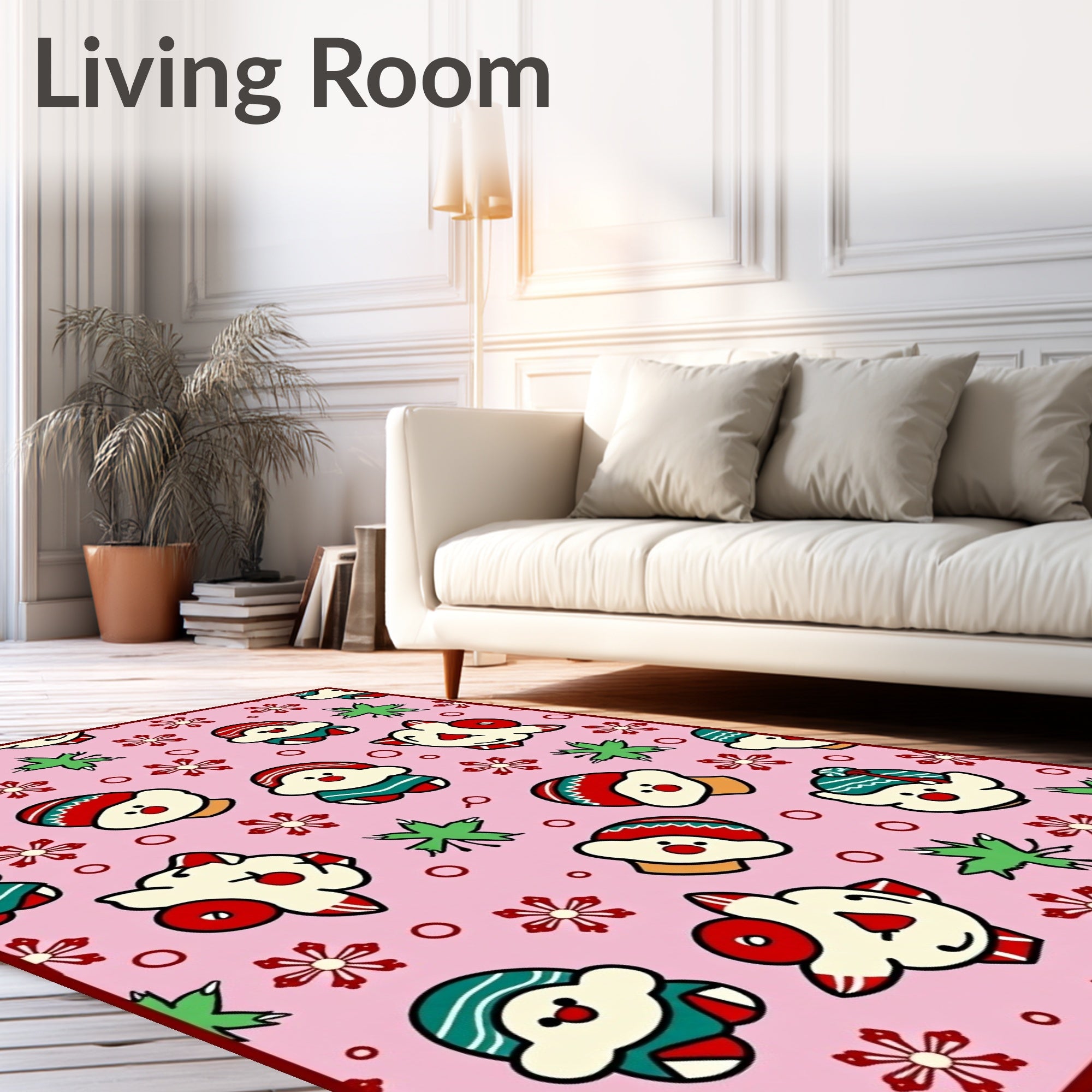 Pink Festive Christmas Characters Snowflakes Rug