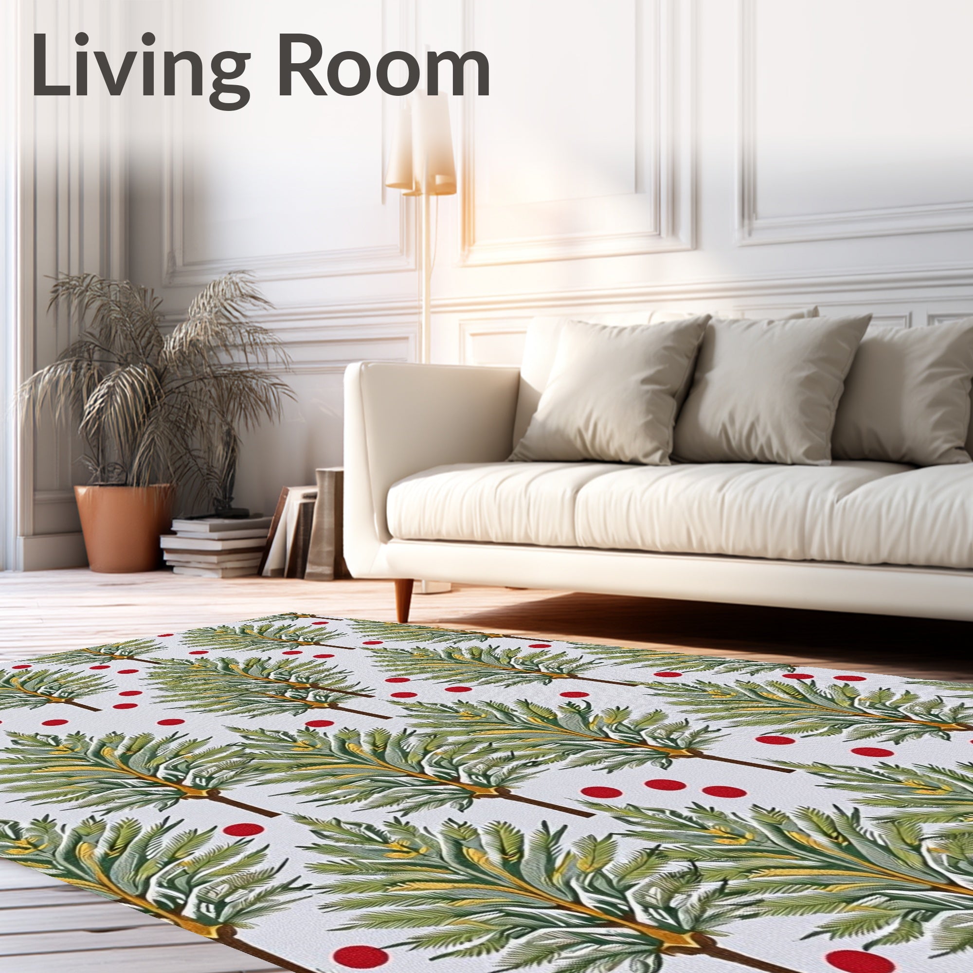 Green Leafy Palm Trees Red Dots Rug