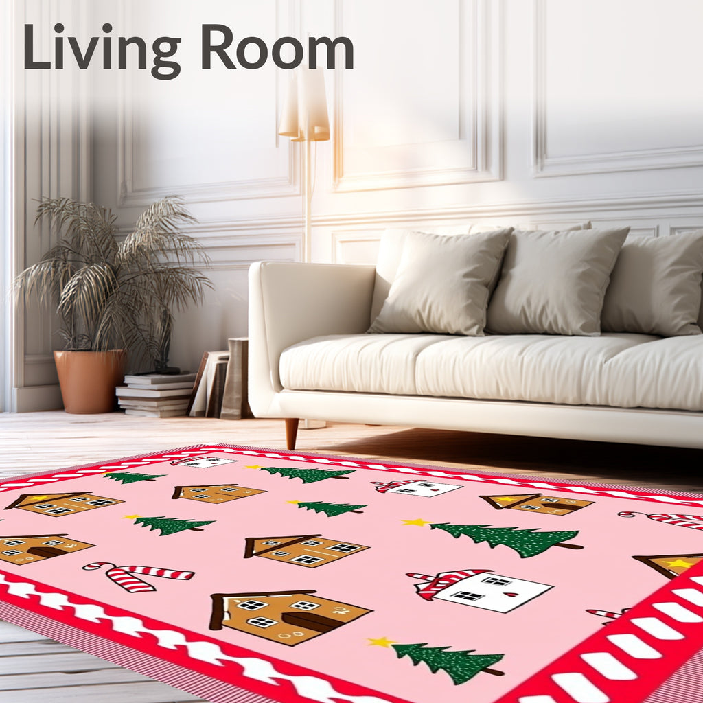 Pink Christmas Village Trees Candy Canes Rug