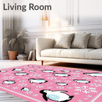 Pink Penguin Snowflake Scene Rug