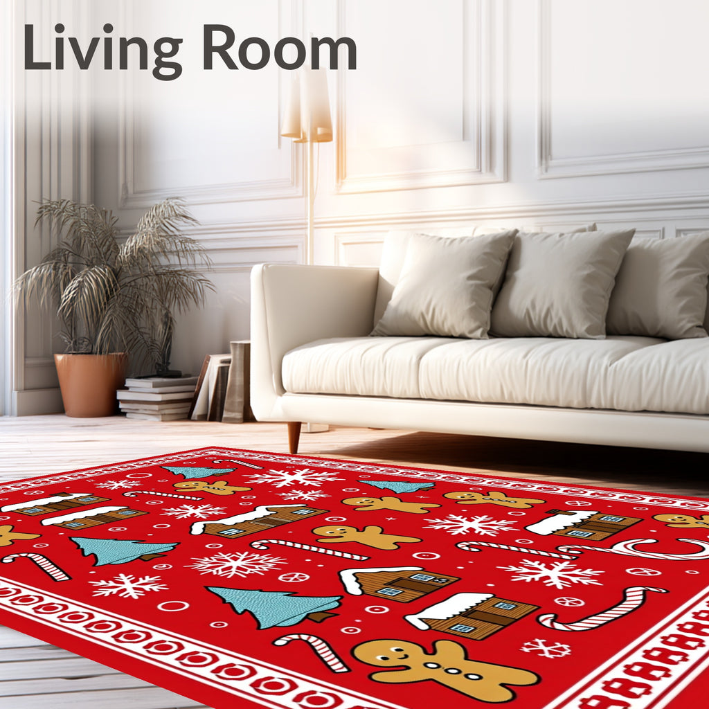 Red Gingerbread Village Snowflakes Candy Canes Rug