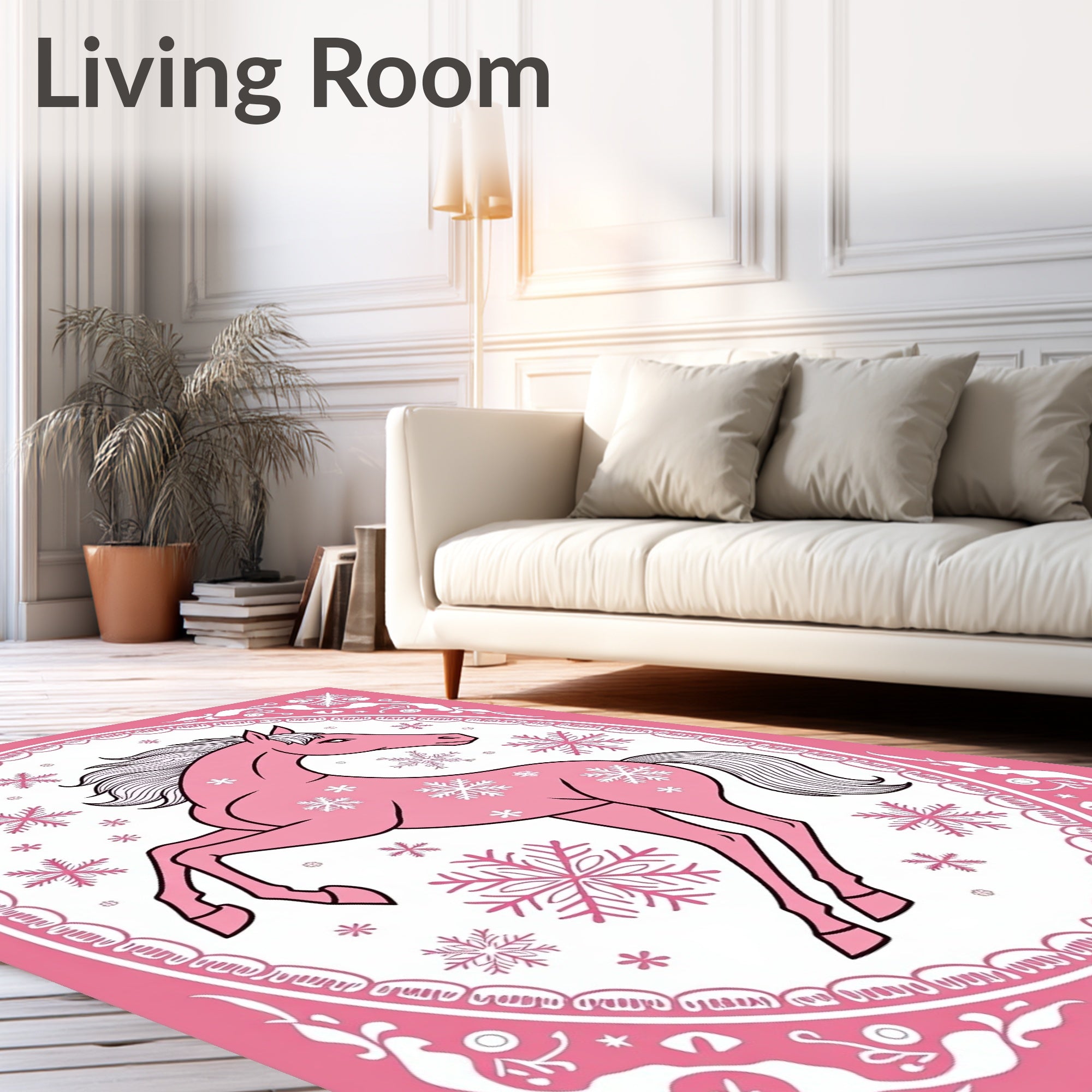 Pink Horse Snowflakes Oval Frame Rug