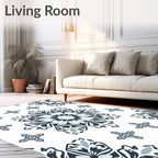 Navy Blue White Floral Medallion Rug