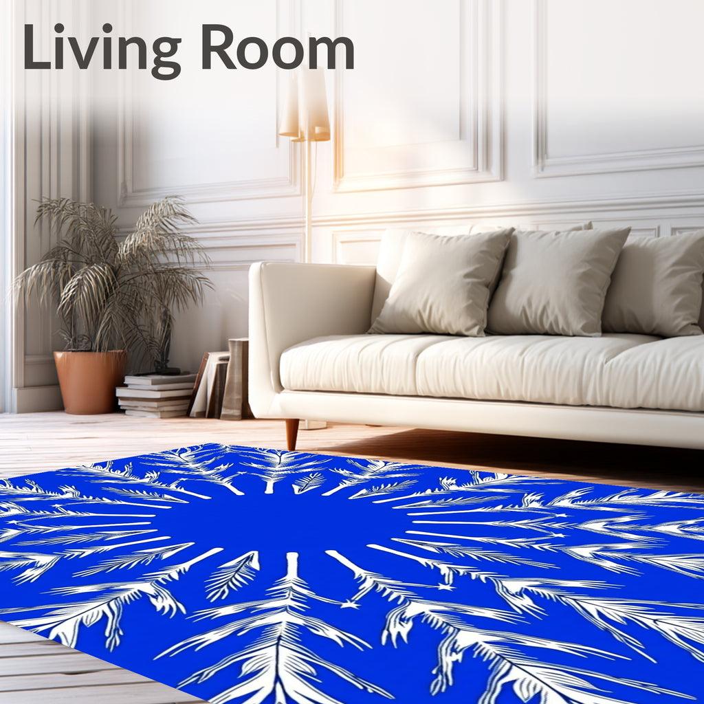 White Feather Mandalas on Blue Background Rug