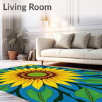Radiant Yellow Sunflower Blue Kaleidoscopic Rug