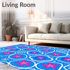 Whimsical Pink Blossom Blue Organic Rug