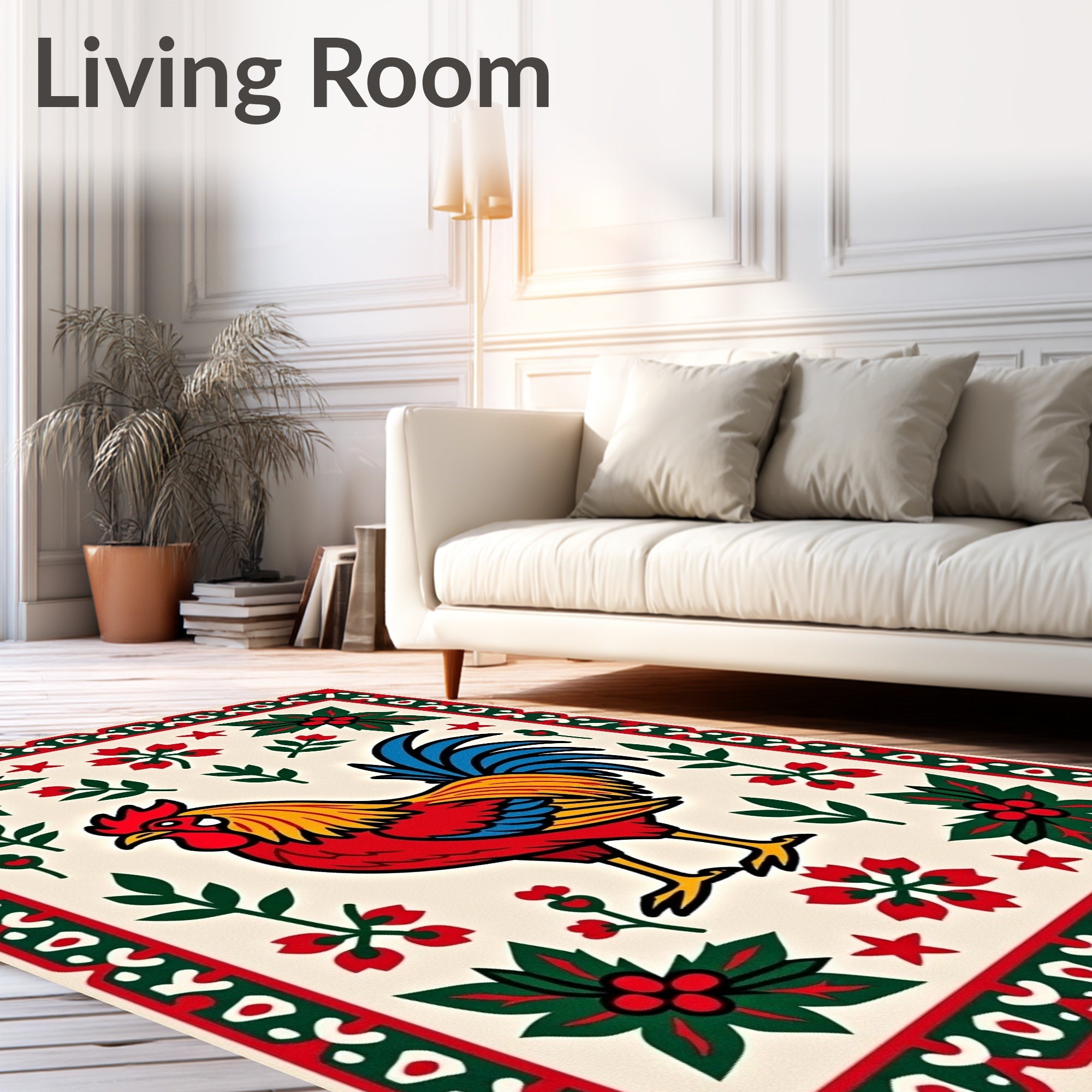 Vibrant Rooster Folk Art Rug