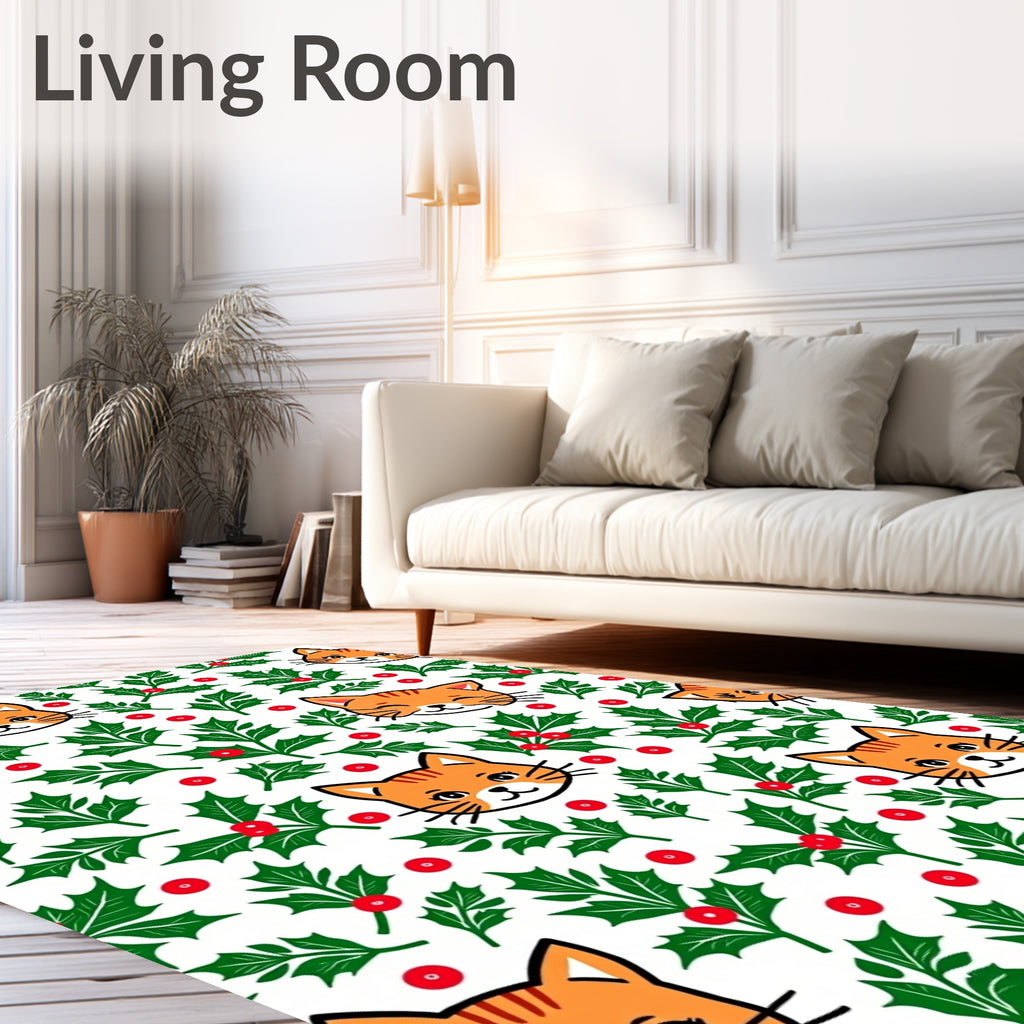 Playful Orange Cat Holly Berries Rug