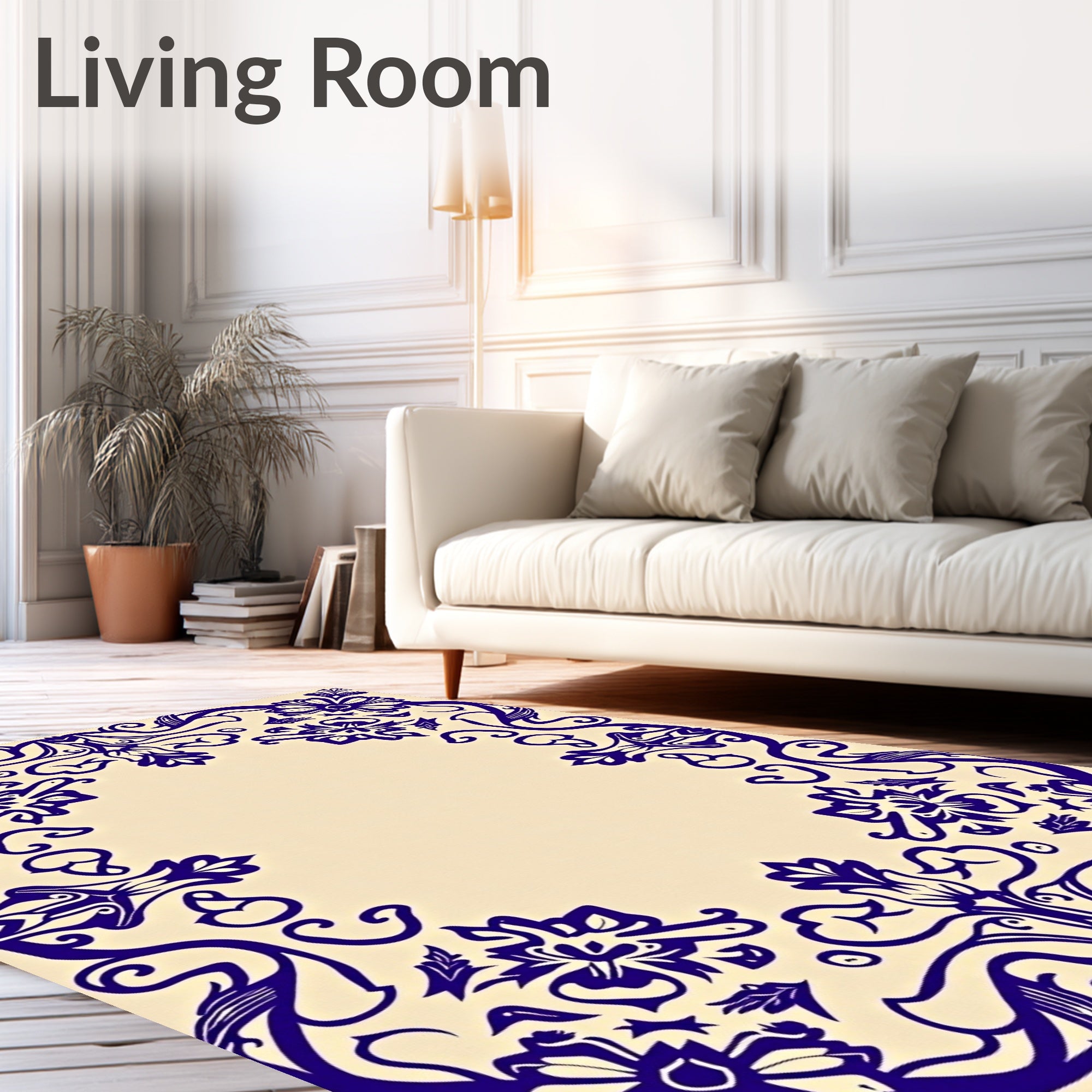 Deep Blue Floral Scroll Frame Rug