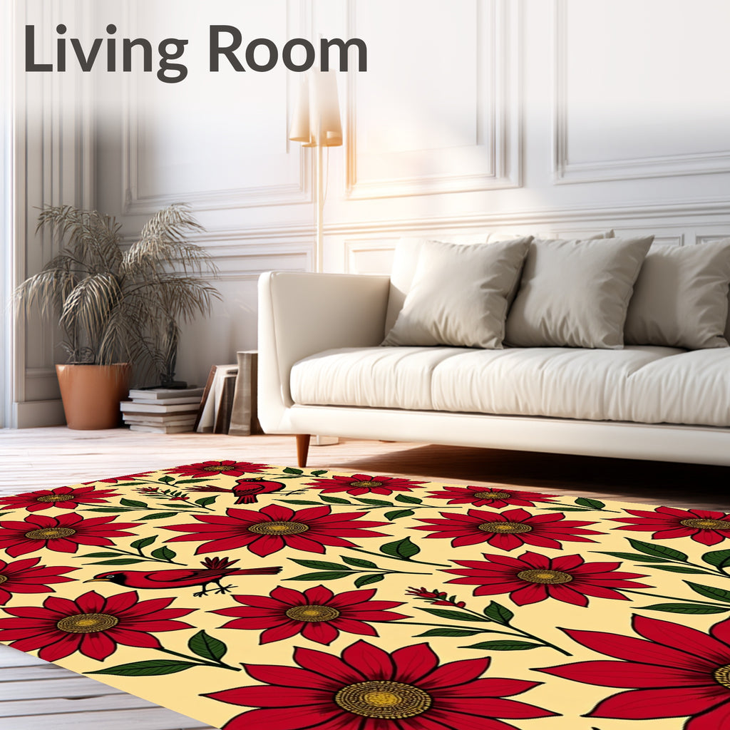 Whimsical Red Bird Floral Garden Rug