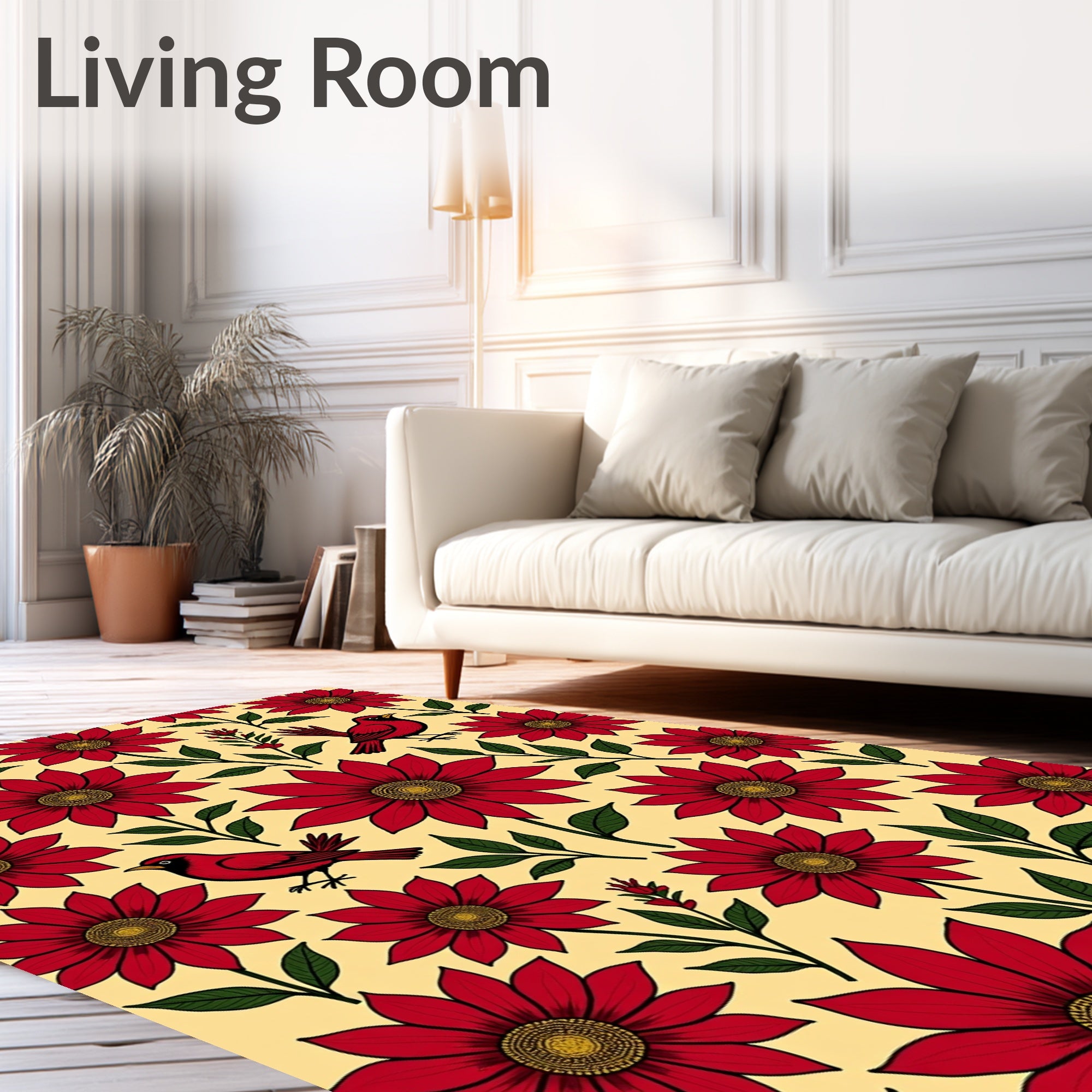 Whimsical Red Bird Floral Garden Rug