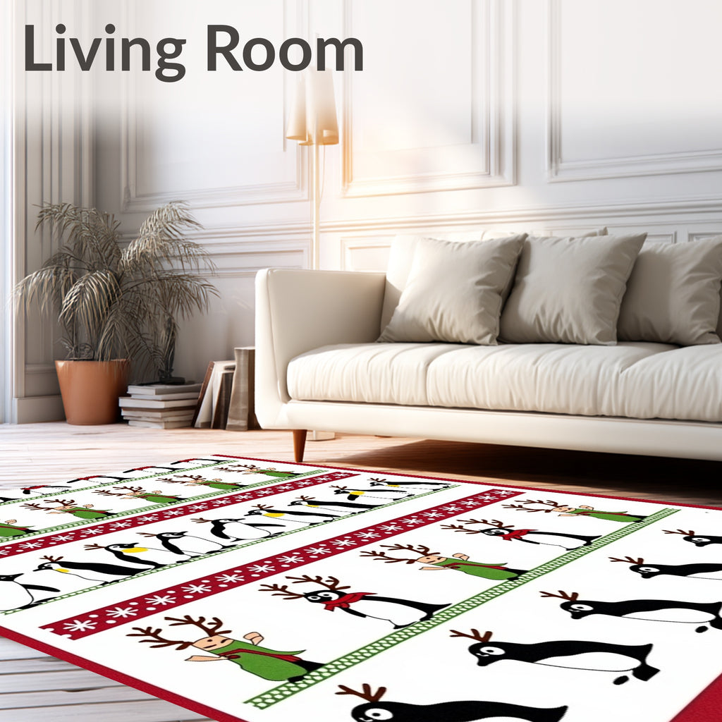Festive Reindeer Penguin Holiday Border Rug