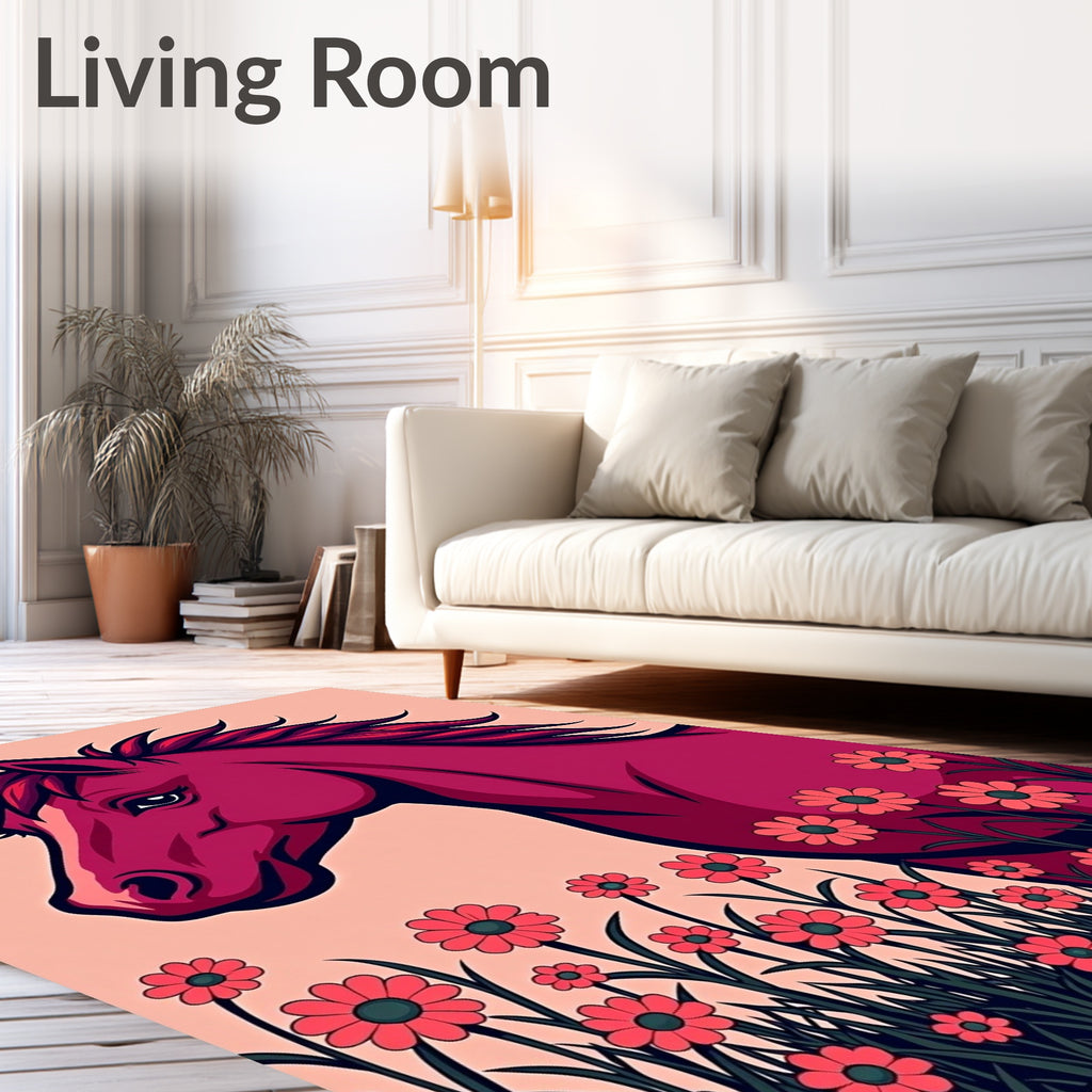 Crimson Horse Among Daisy Field Rug