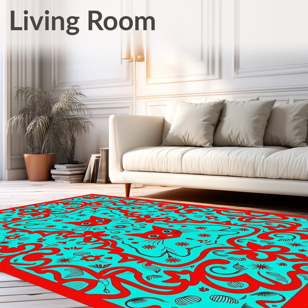 Red Teal Whimsical Floral Cat Rug