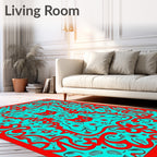 Red Teal Whimsical Floral Cat Rug
