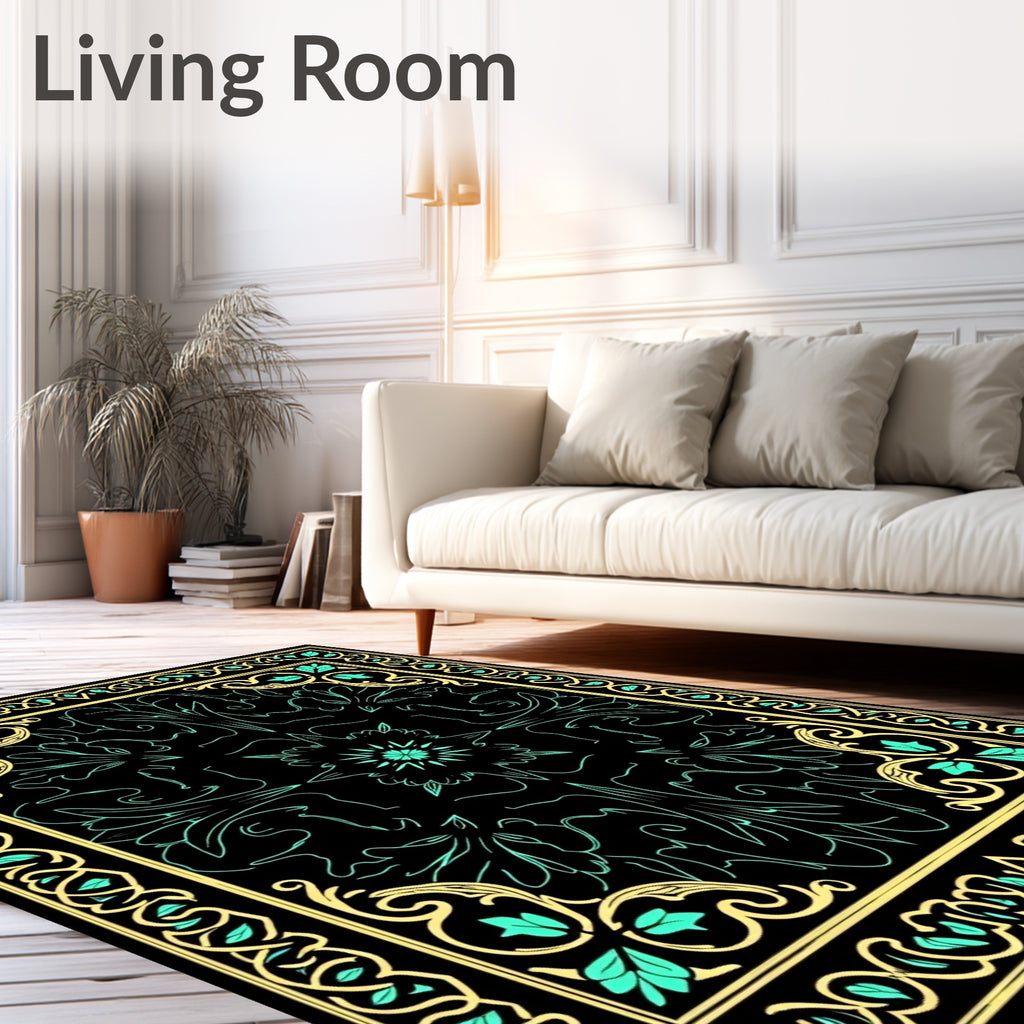 Black Teal Golden Ornate Floral Rug
