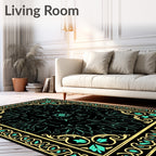 Black Teal Golden Ornate Floral Rug