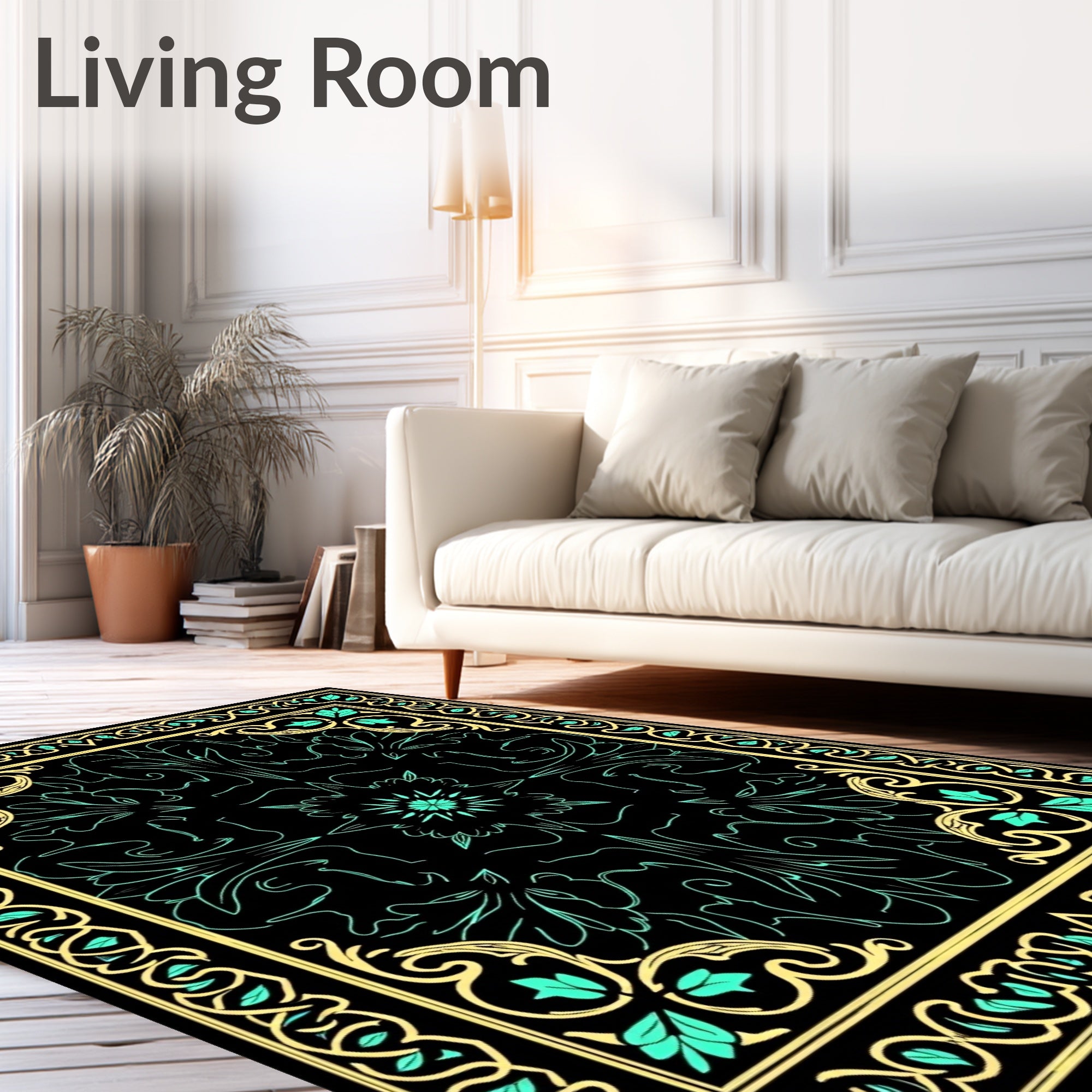 Black Teal Golden Ornate Floral Rug