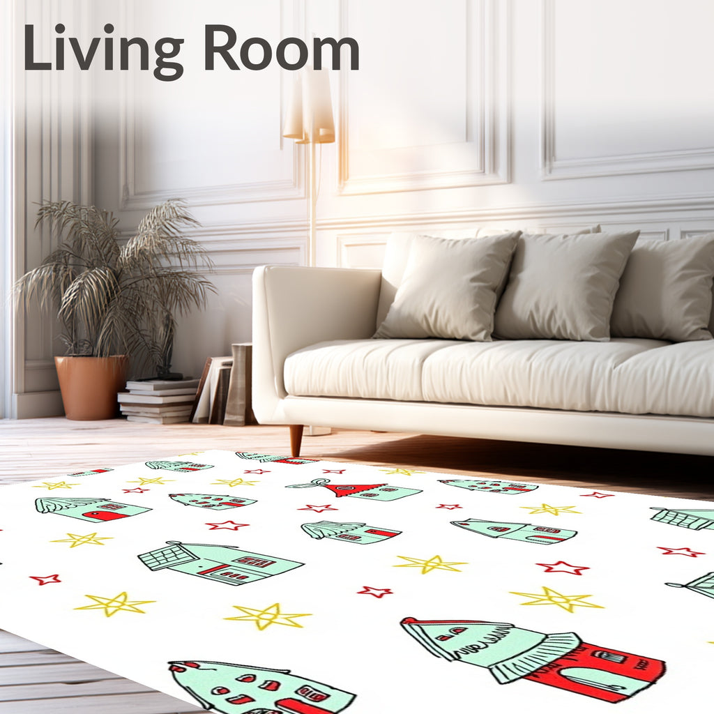Whimsical Mint Red Houses Stars Rug