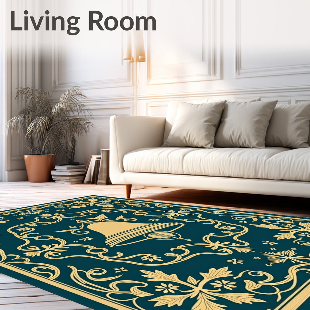 Deep Teal Golden Bell Crested Ornate Rug