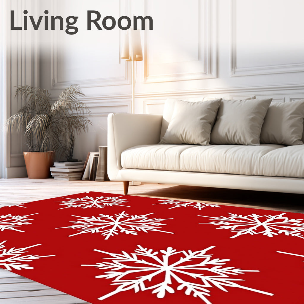 White Snowflake Christmas Red Fabric Rug