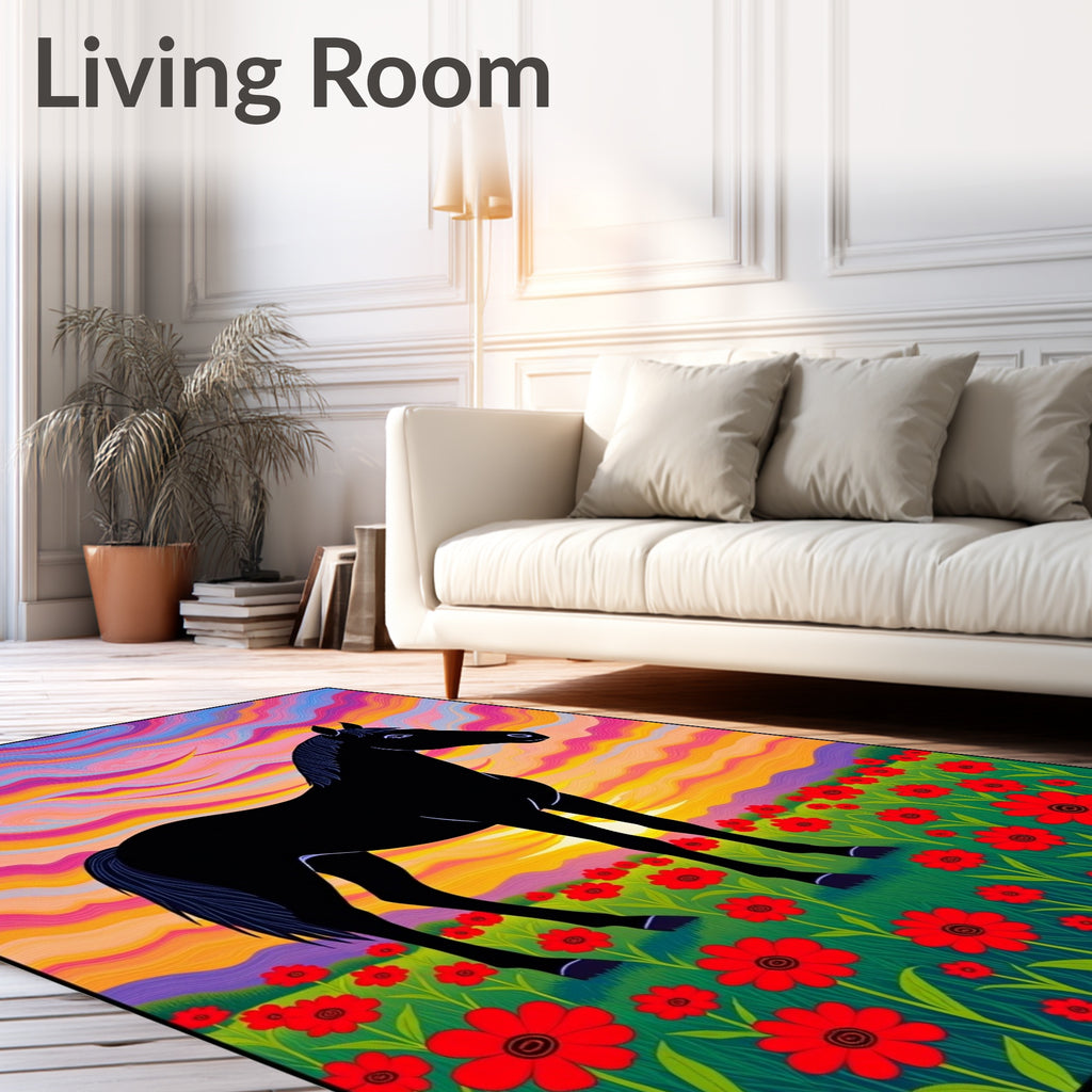 Vibrant Black Horse Poppy Field Sunset Rug