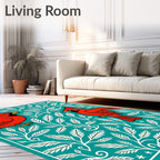 Red Cardinal Teal Floral Art Rug