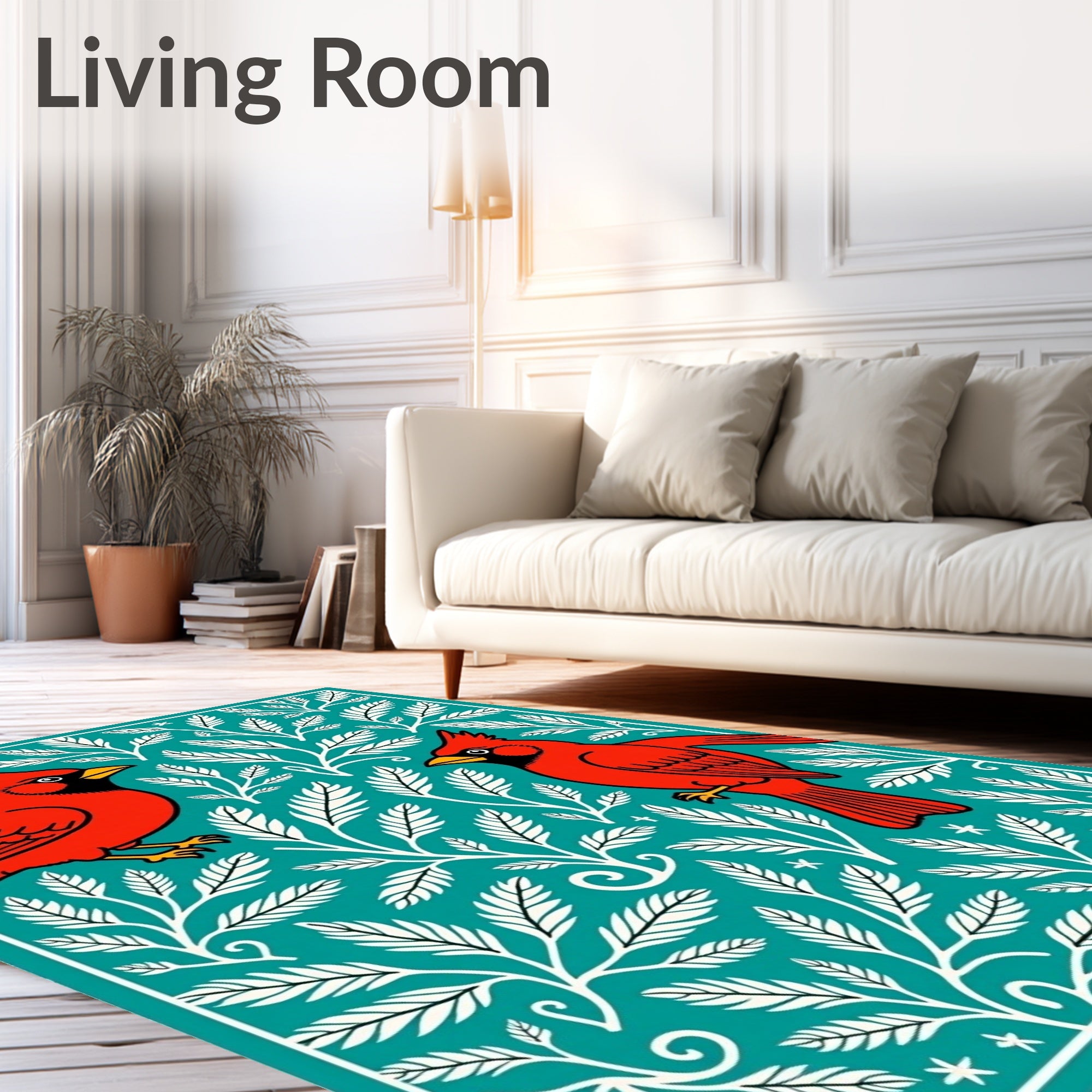 Red Cardinal Teal Floral Art Rug