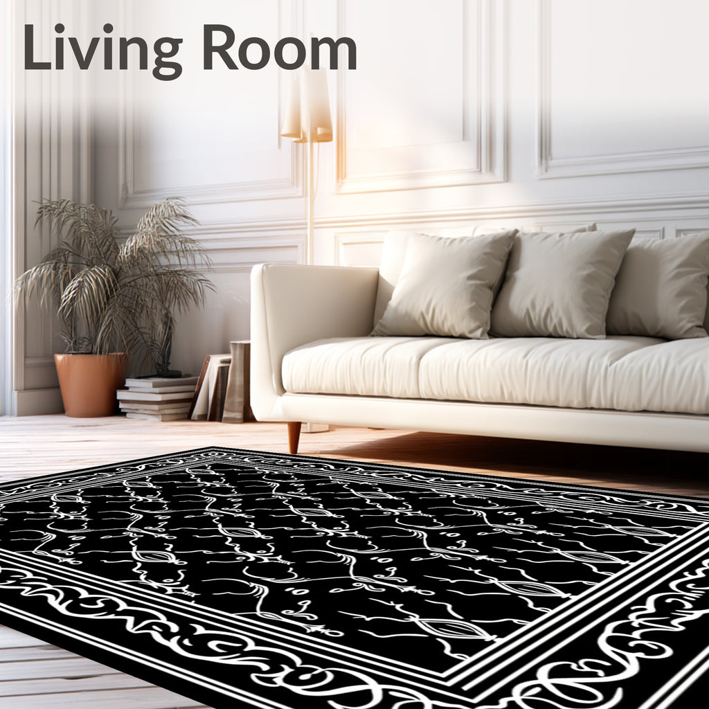Elegant black white scrolling border inlay Rug
